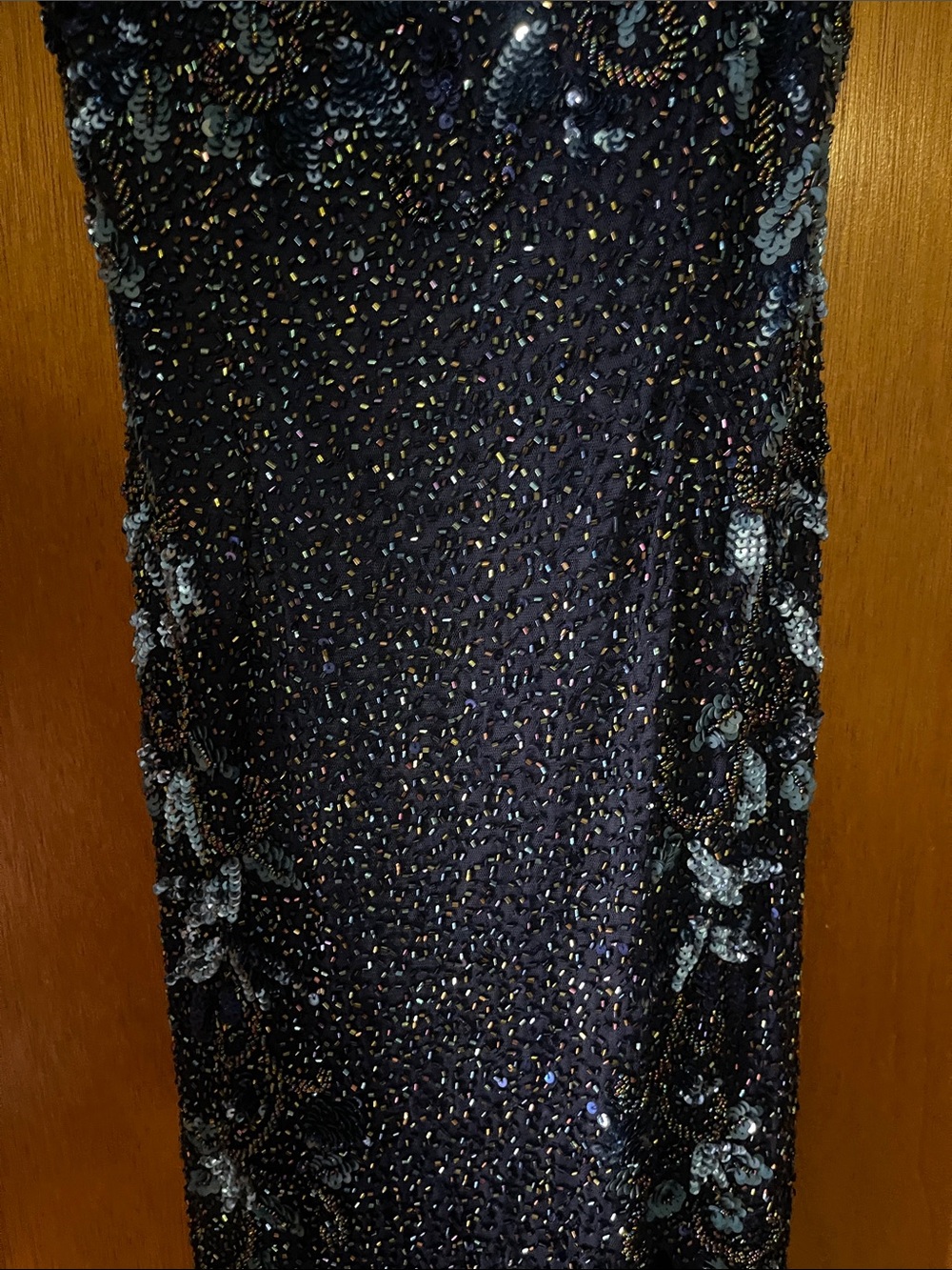 Elegant Navy Sequin Slip Dress with Floral beaded Accents - Picture 3 of 9